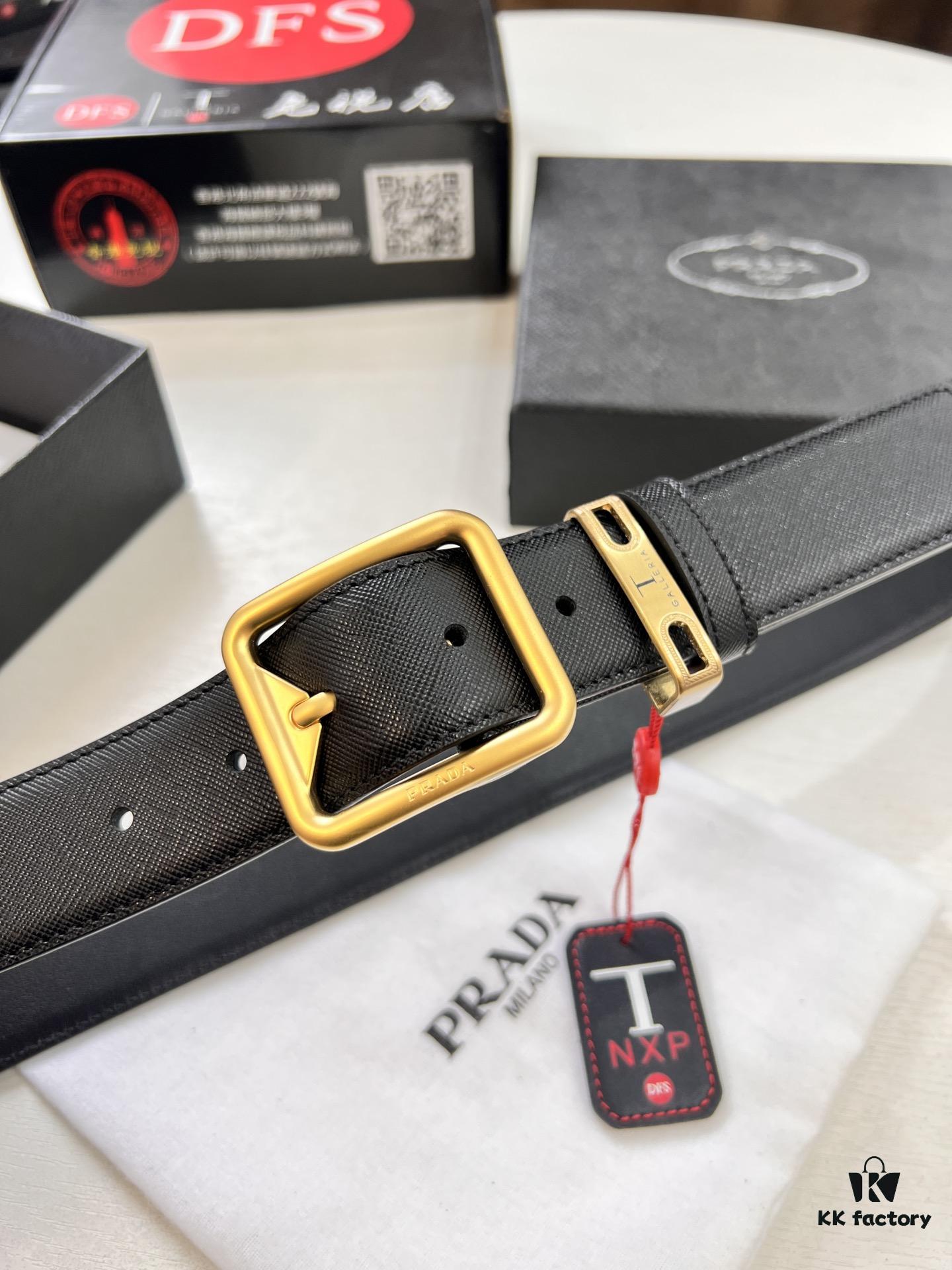 Prada Men's Belt, Genuine Imported Cowhide with Cross-Grain Texture, Dual Color, 3.5 cm Width, ZP Mold-Made Buckle Hardware