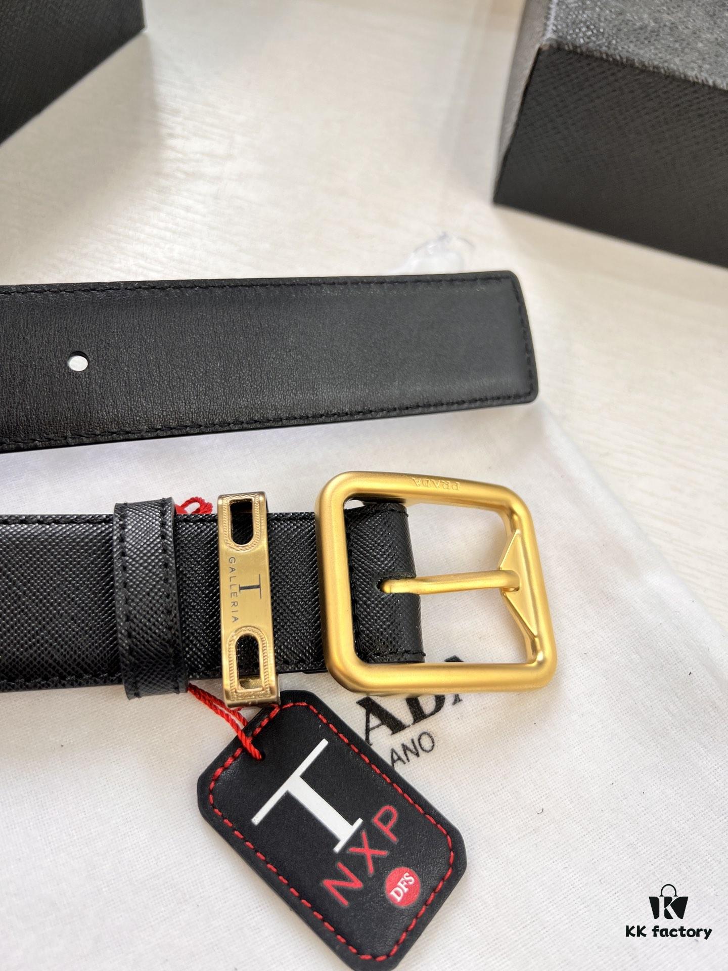 Prada Men's Belt, Genuine Imported Cowhide with Cross-Grain Texture, Dual Color, 3.5 cm Width, ZP Mold-Made Buckle Hardware