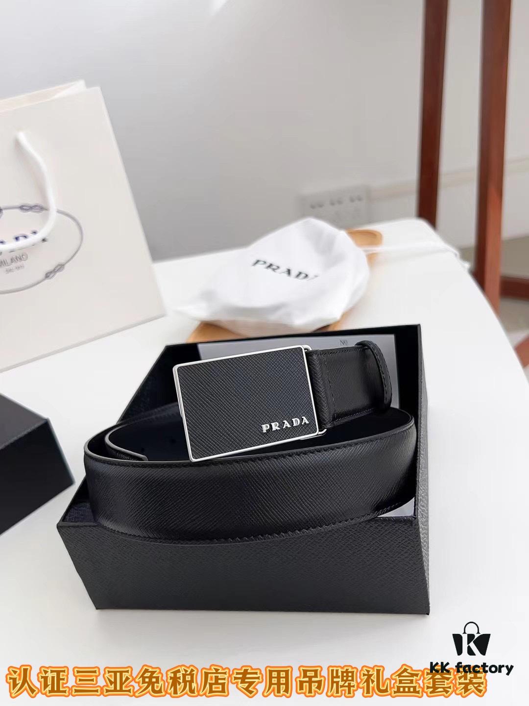 Q170 Sanya Tax-Free Genuine Latest Packaging Gift Box: Prada Original Quality Belt, 3.5cm Width
