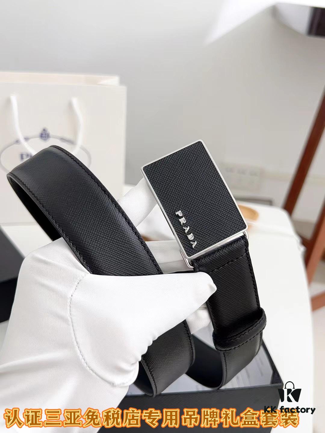 Q170 Sanya Tax-Free Genuine Latest Packaging Gift Box: Prada Original Quality Belt, 3.5cm Width