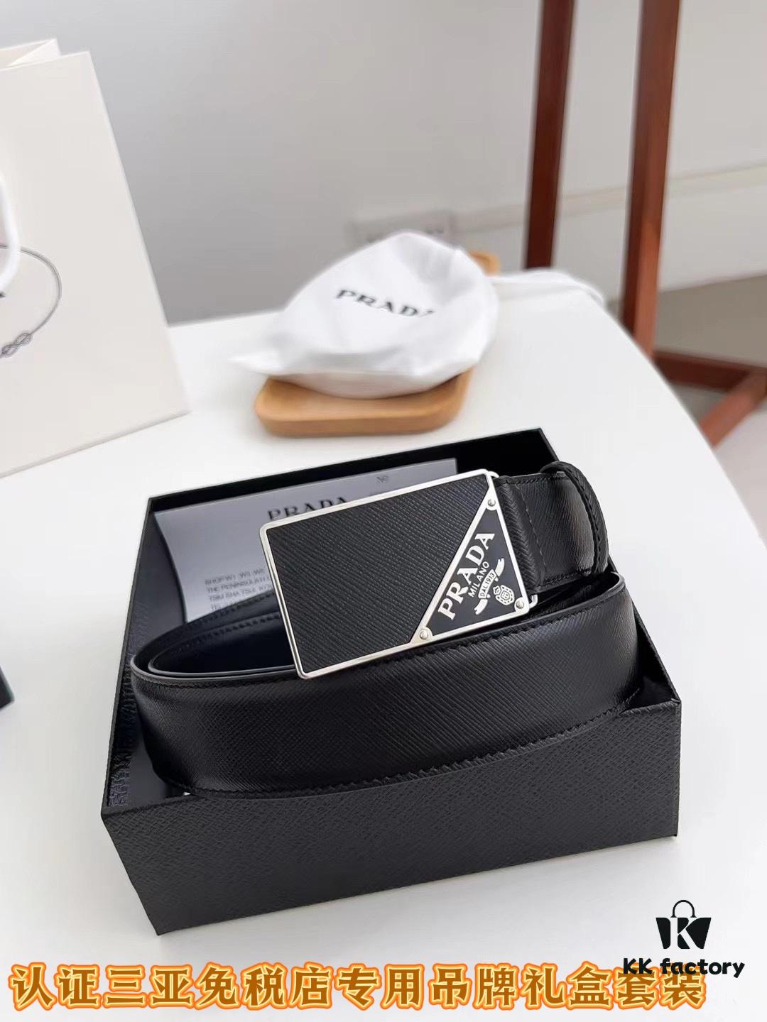 Q170 Sanya Tax-Free Genuine Latest Packaging Gift Box: Prada Original Quality Belt, 3.5cm Width