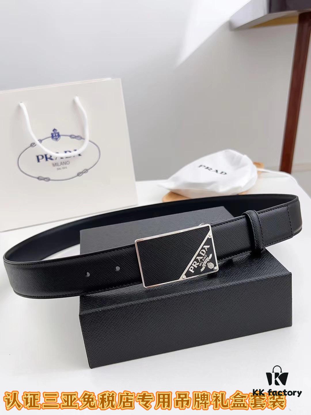 Q170 Sanya Tax-Free Genuine Latest Packaging Gift Box: Prada Original Quality Belt, 3.5cm Width