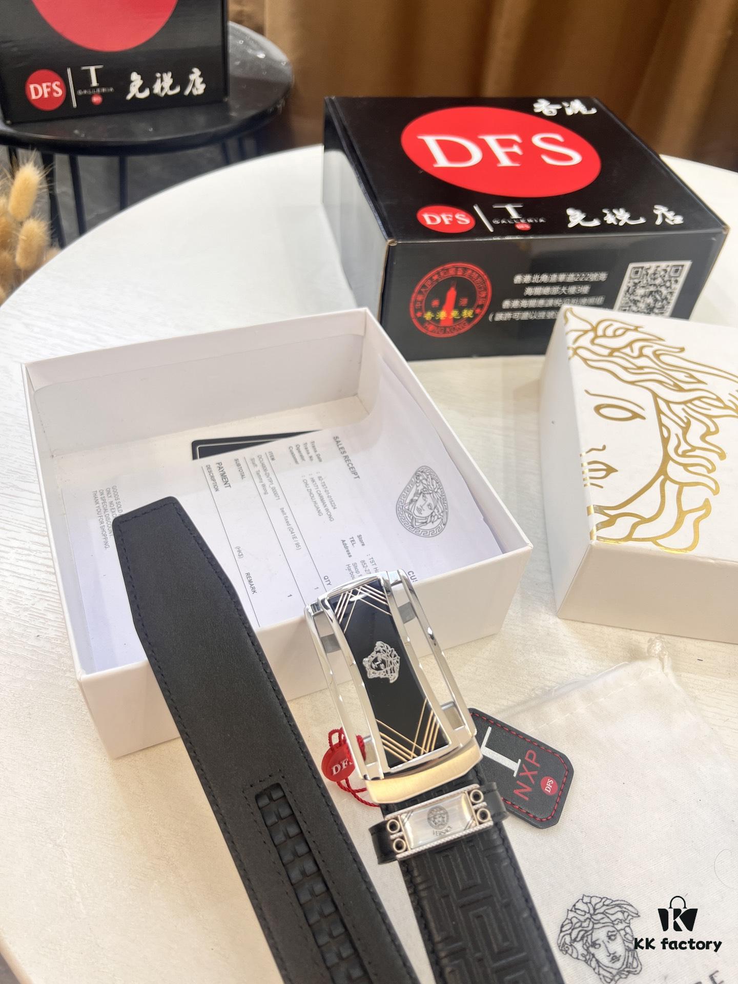 Versace Automatic Buckle Belt, Custom Embossed Top-Grade Imported Leather, Fine Calfskin with Wax Thread Stitching, 3.5cm Width, Luxury Business Formal Belt with NXP Anti-Counterfeit Chip