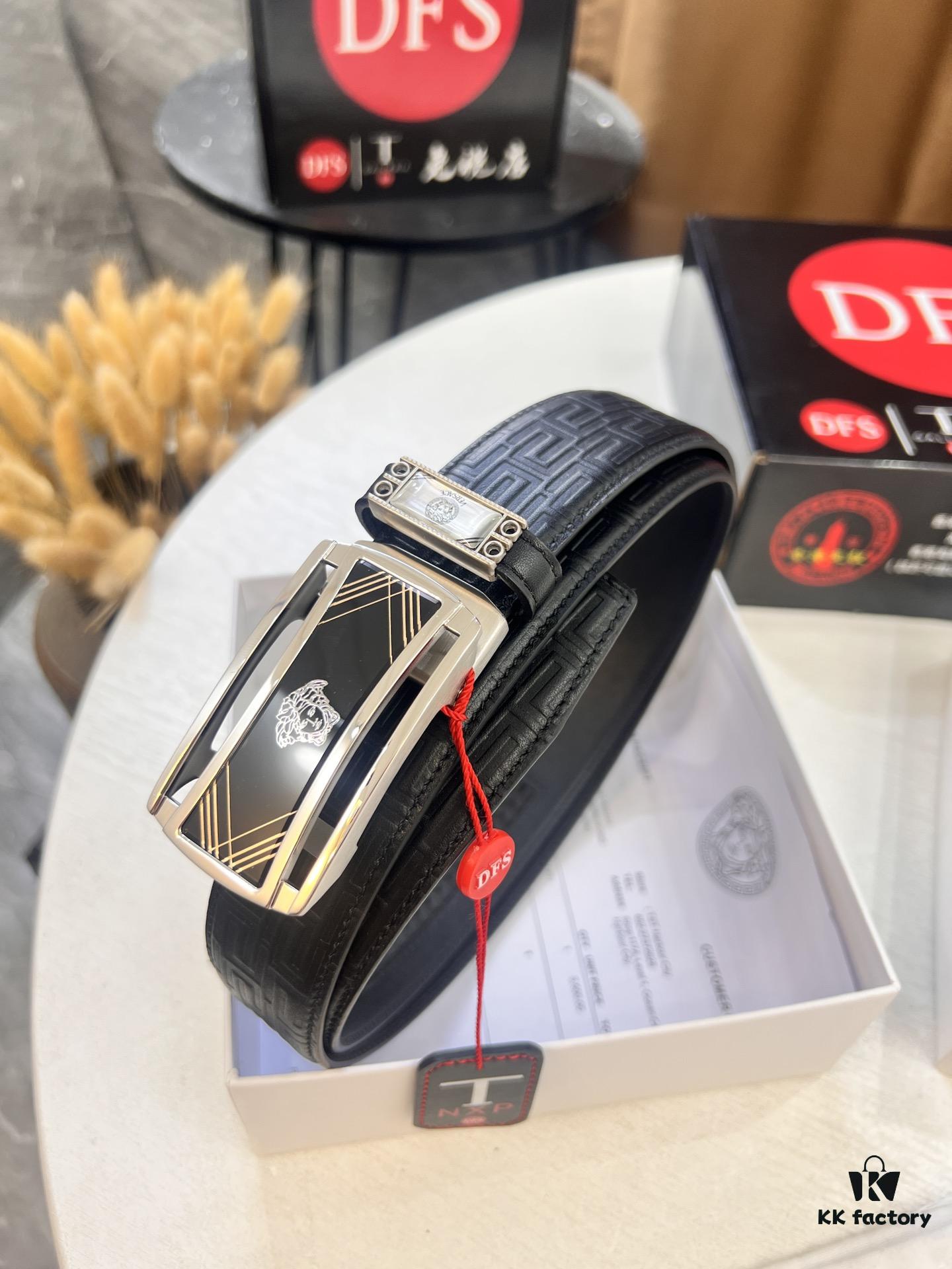 Versace Automatic Buckle Belt, Custom Embossed Top-Grade Imported Leather, Fine Calfskin with Wax Thread Stitching, 3.5cm Width, Luxury Business Formal Belt with NXP Anti-Counterfeit Chip