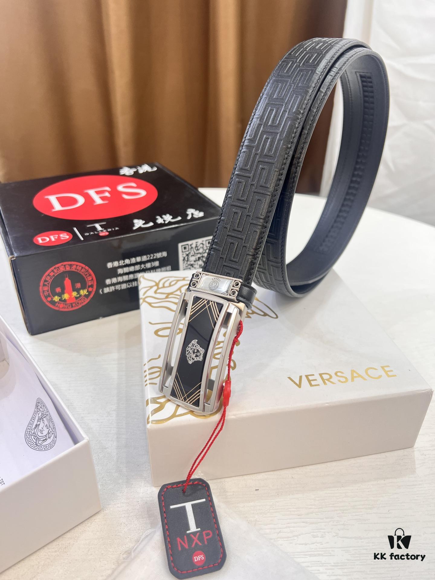Versace Automatic Buckle Belt, Custom Embossed Top-Grade Imported Leather, Fine Calfskin with Wax Thread Stitching, 3.5cm Width, Luxury Business Formal Belt with NXP Anti-Counterfeit Chip
