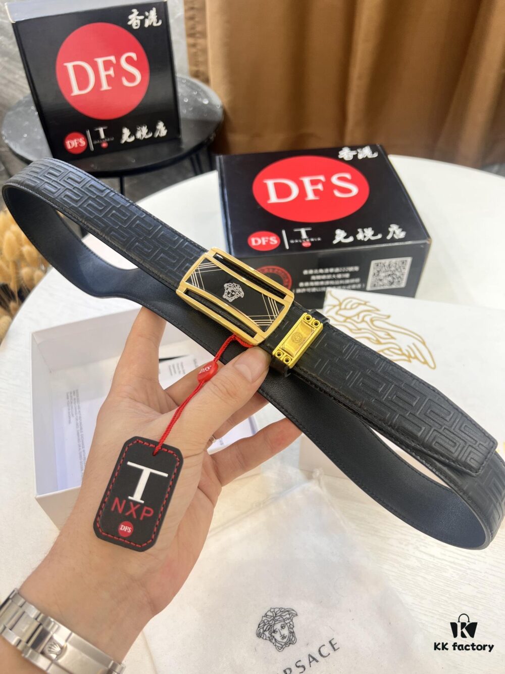 Versace Automatic Buckle Belt, Custom Embossed Top Grain Imported Leather with Fine Calfskin, 3.5cm Width, Premium Business Formal Belt