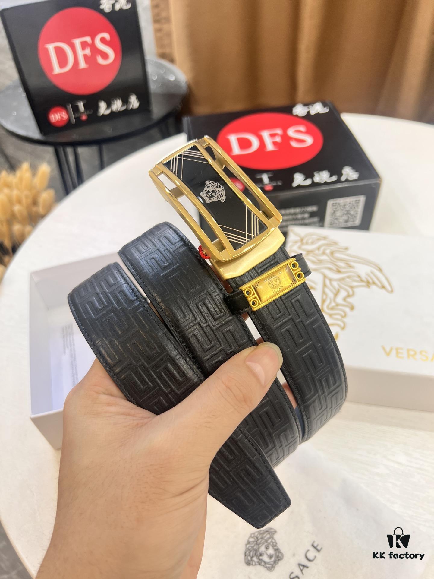 Versace Automatic Buckle Belt, Custom Embossed Top Grain Imported Leather with Fine Calfskin, 3.5cm Width, Premium Business Formal Belt