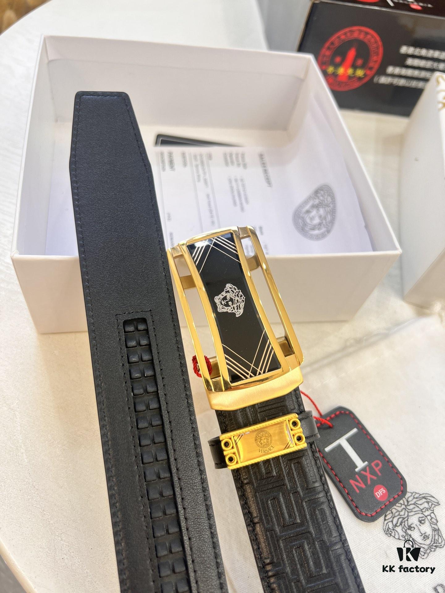 Versace Automatic Buckle Belt, Custom Embossed Top Grain Imported Leather with Fine Calfskin, 3.5cm Width, Premium Business Formal Belt