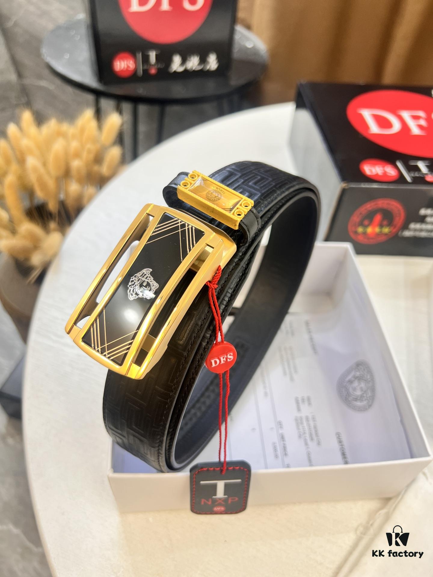 Versace Automatic Buckle Belt, Custom Embossed Top Grain Imported Leather with Fine Calfskin, 3.5cm Width, Premium Business Formal Belt