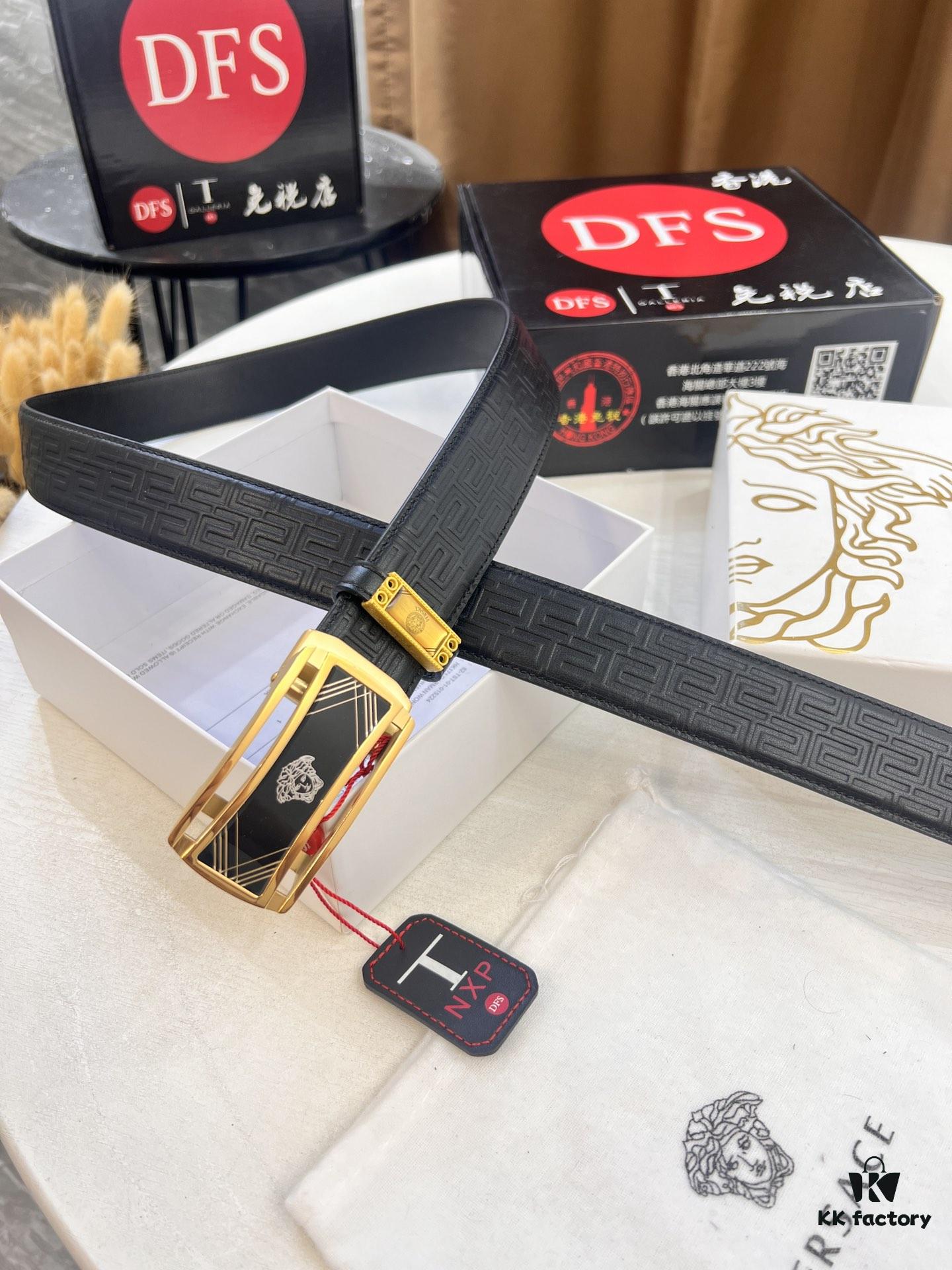 Versace Automatic Buckle Belt, Custom Embossed Top Grain Imported Leather with Fine Calfskin, 3.5cm Width, Premium Business Formal Belt