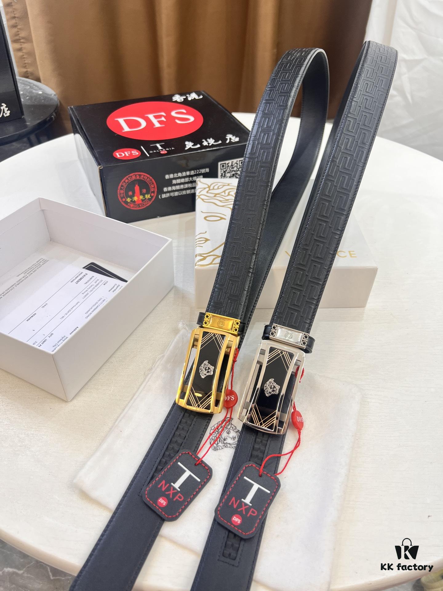 Versace Automatic Buckle Belt, Custom Embossed Top Grain Imported Leather with Fine Calfskin, 3.5cm Width, Premium Business Formal Belt