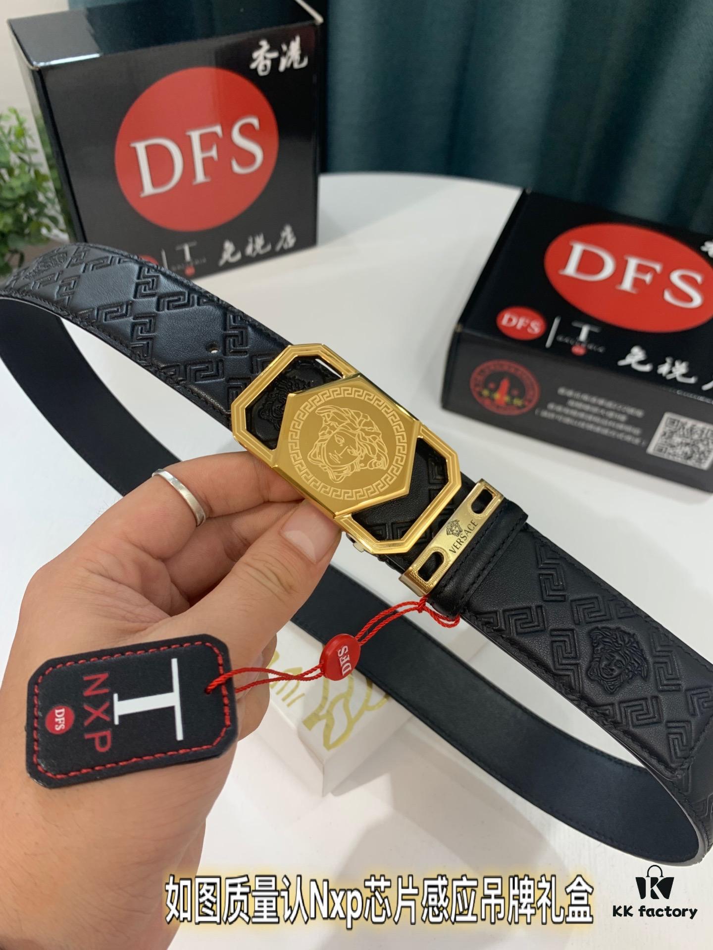 Versace Belt 2023 New Arrival Genuine Top-Quality First-Layer Calfskin with Medusa Head Embossing, Fashionable Streetwear Style, Soft Leather Texture, Square Stainless Steel Hardware, 3.8cm Width