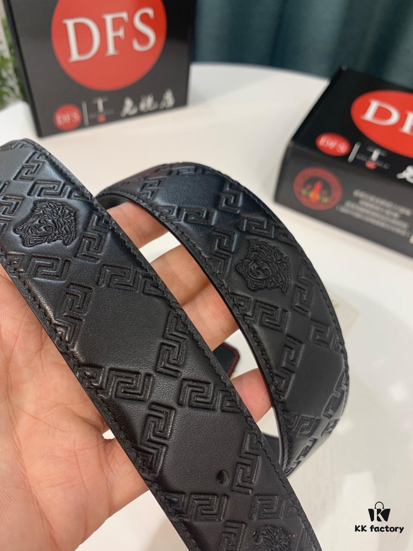 Versace Belt 2023 New Arrival Genuine Top-Quality First-Layer Calfskin with Medusa Head Embossing, Fashionable Streetwear Style, Soft Leather Texture, Square Stainless Steel Hardware, 3.8cm Width