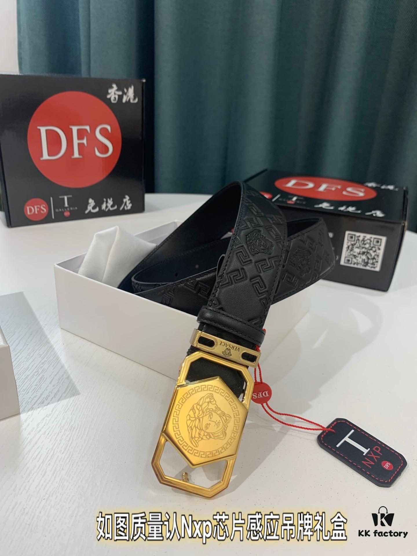 Versace Belt 2023 New Arrival Genuine Top-Quality First-Layer Calfskin with Medusa Head Embossing, Fashionable Streetwear Style, Soft Leather Texture, Square Stainless Steel Hardware, 3.8cm Width