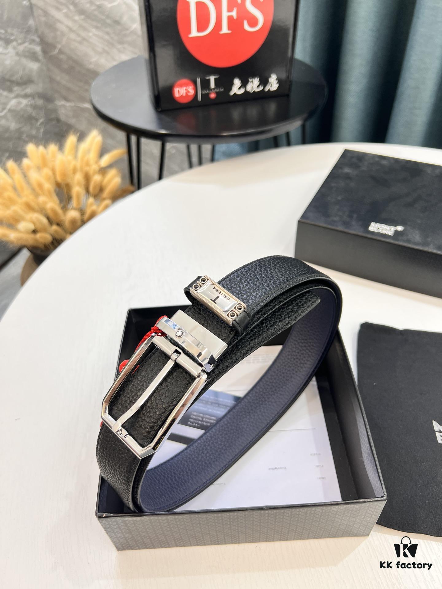 Montblanc Men's Leather Belt 2023 Newest Model Top-Quality Full-Grain Cowhide with Custom Lychee Texture and Brushed Stainless Steel Pin Buckle