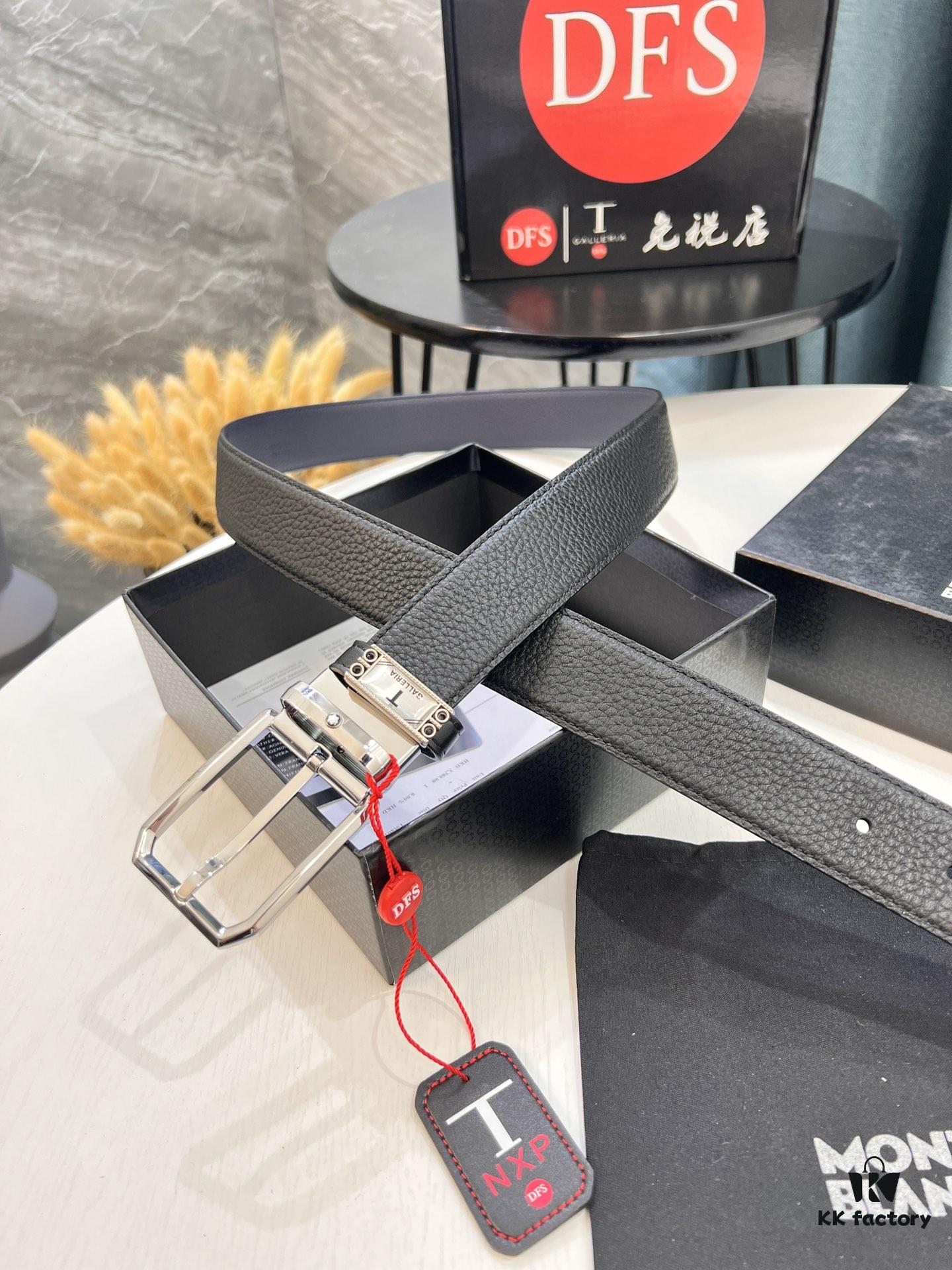 Montblanc Men's Leather Belt 2023 Newest Model Top-Quality Full-Grain Cowhide with Custom Lychee Texture and Brushed Stainless Steel Pin Buckle