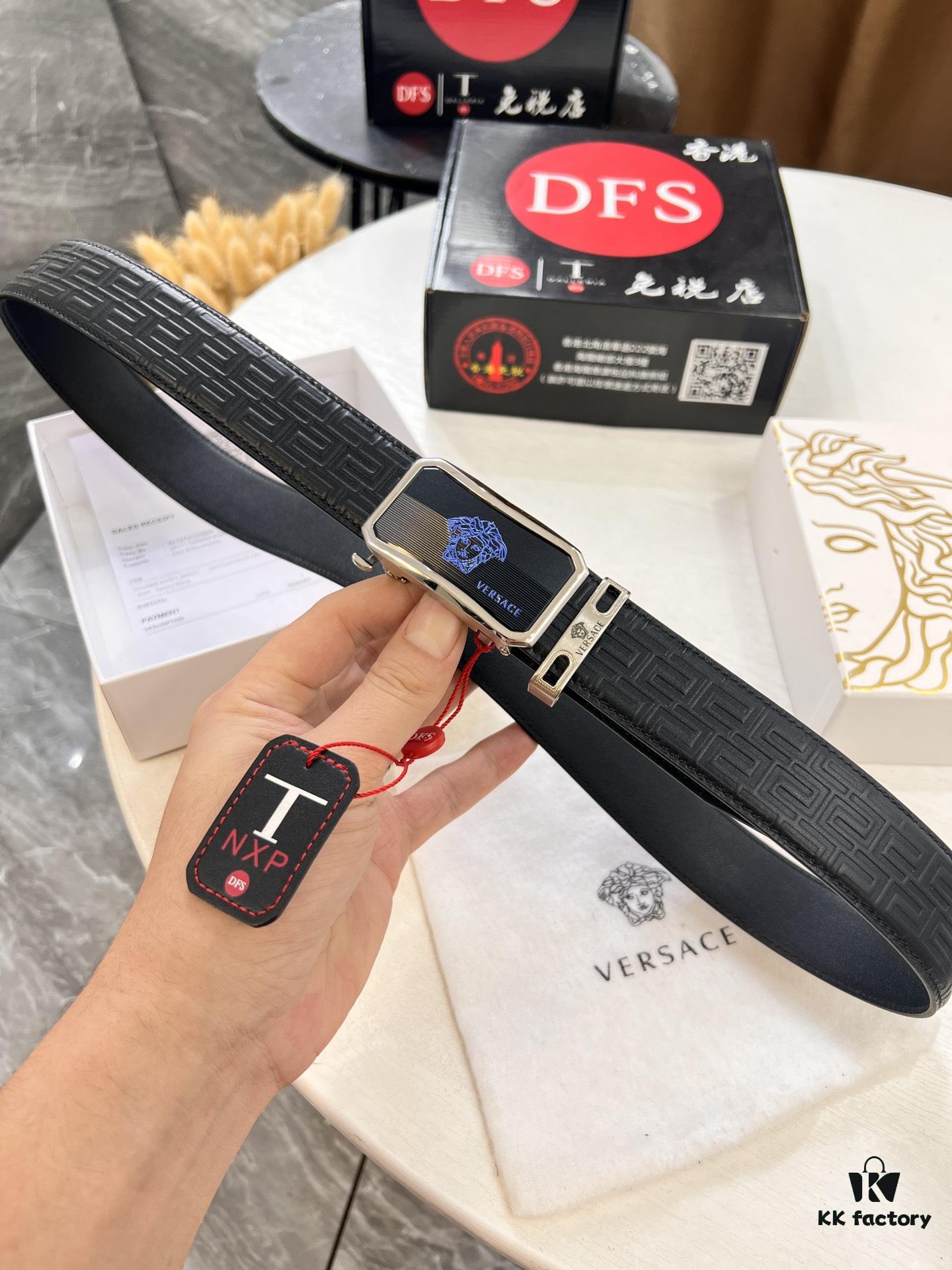 Versace Automatic Buckle Belt, Custom Cowhide with Medusa Embossed Top Layer Imported Leather, Fine Grain Cowhide, 3.5 cm Width