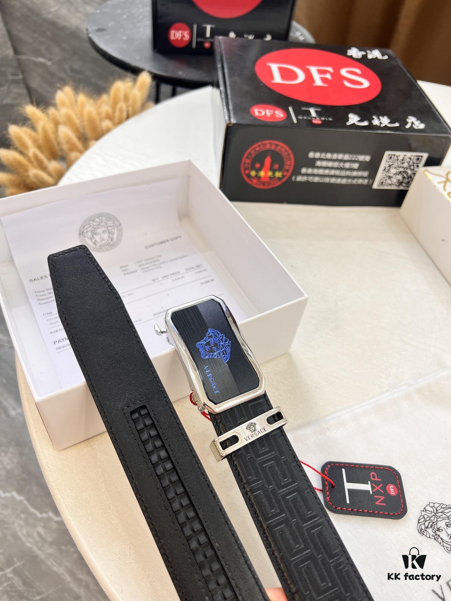 Versace Automatic Buckle Belt, Custom Cowhide with Medusa Embossed Top Layer Imported Leather, Fine Grain Cowhide, 3.5 cm Width