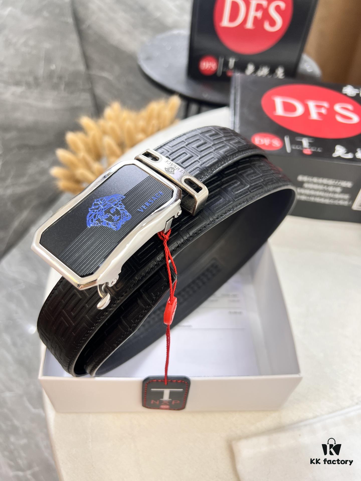 Versace Automatic Buckle Belt, Custom Cowhide with Medusa Embossed Top Layer Imported Leather, Fine Grain Cowhide, 3.5 cm Width