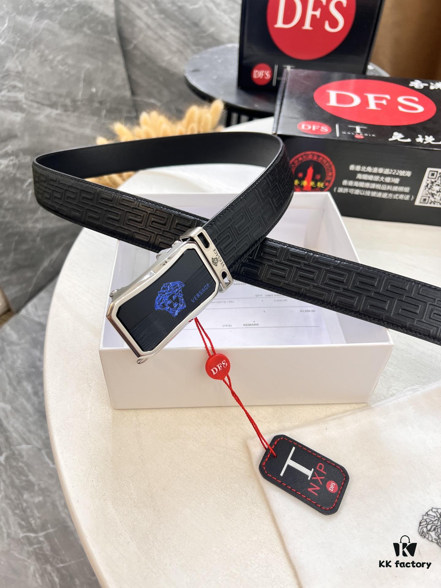 Versace Automatic Buckle Belt, Custom Cowhide with Medusa Embossed Top Layer Imported Leather, Fine Grain Cowhide, 3.5 cm Width