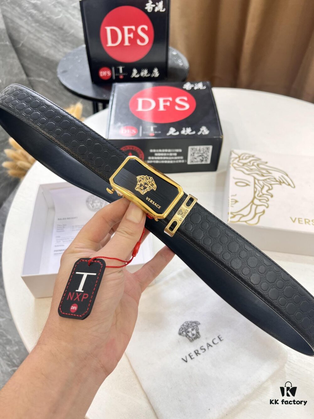 Versace Automatic Buckle Belt, Custom Embossed Top Grain Imported Leather, Fine Calfskin with Automatic Slide Rail, 3.5 cm Width