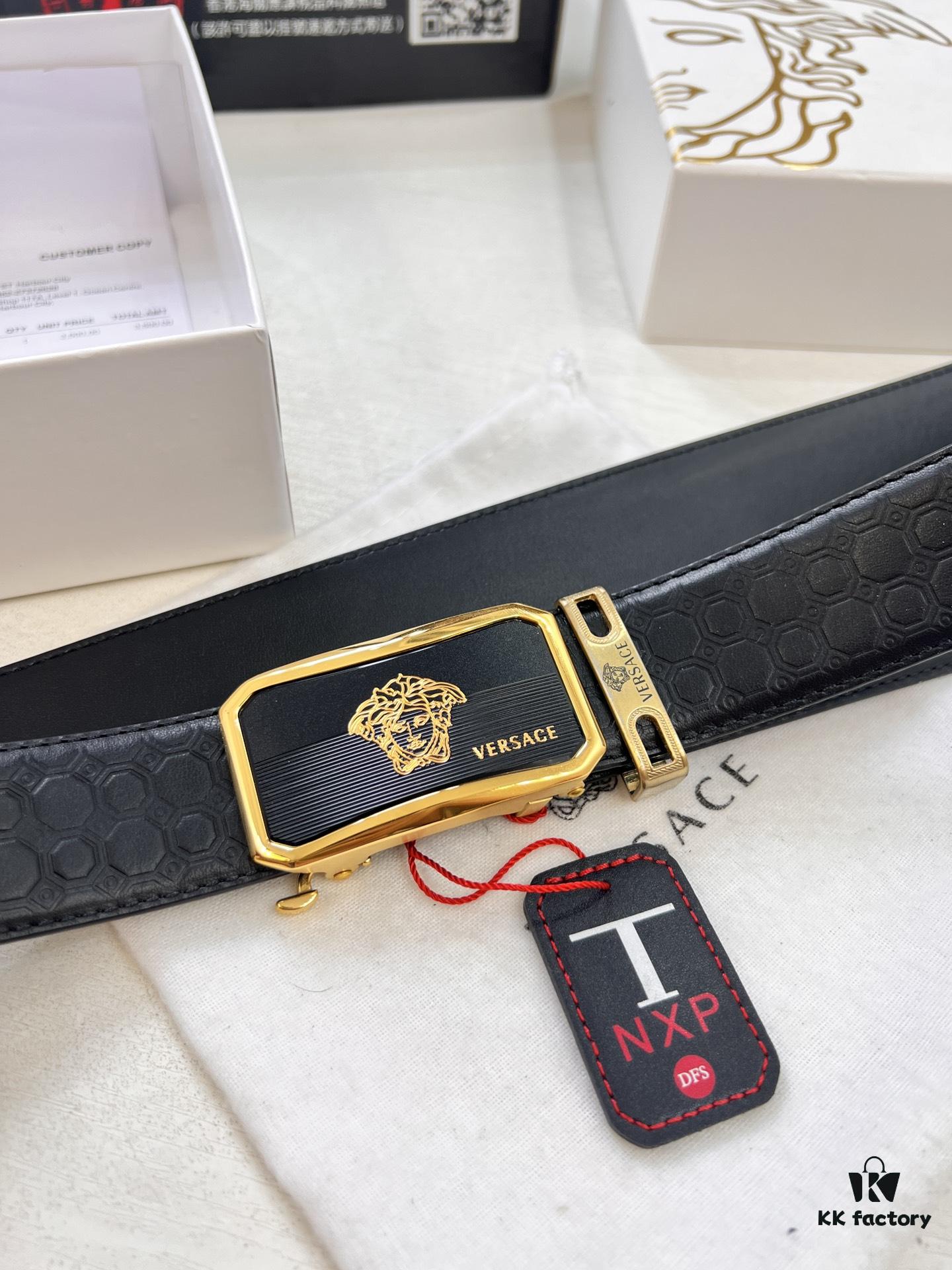 Versace Automatic Buckle Belt, Custom Embossed Top Grain Imported Leather, Fine Calfskin with Automatic Slide Rail, 3.5 cm Width