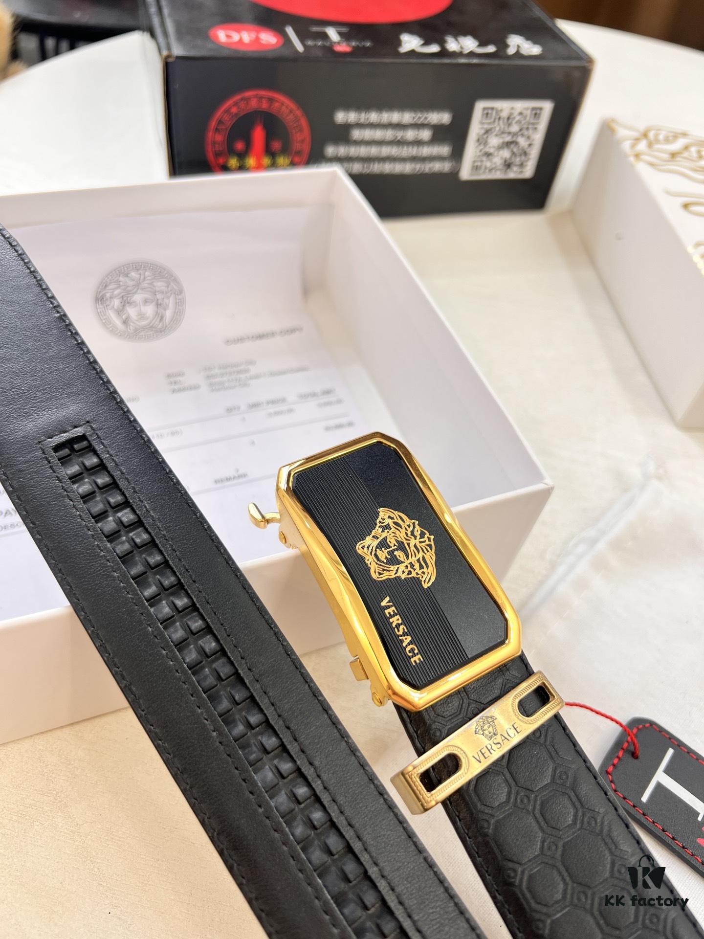 Versace Automatic Buckle Belt, Custom Embossed Top Grain Imported Leather, Fine Calfskin with Automatic Slide Rail, 3.5 cm Width