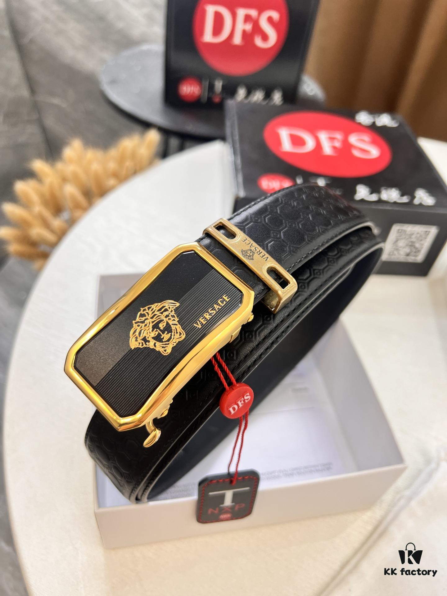 Versace Automatic Buckle Belt, Custom Embossed Top Grain Imported Leather, Fine Calfskin with Automatic Slide Rail, 3.5 cm Width