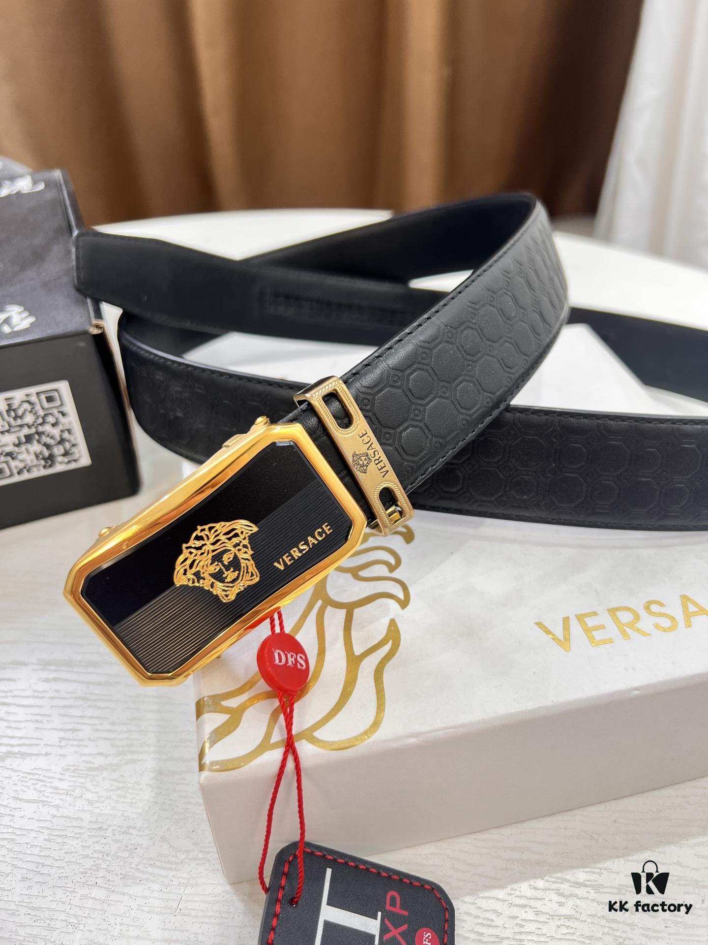 Versace Automatic Buckle Belt, Custom Embossed Top Grain Imported Leather, Fine Calfskin with Automatic Slide Rail, 3.5 cm Width