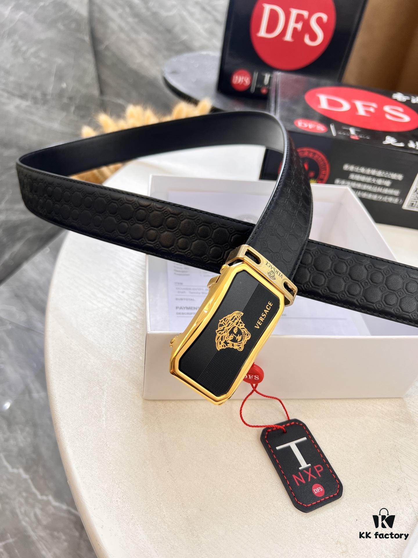 Versace Automatic Buckle Belt, Custom Embossed Top Grain Imported Leather, Fine Calfskin with Automatic Slide Rail, 3.5 cm Width