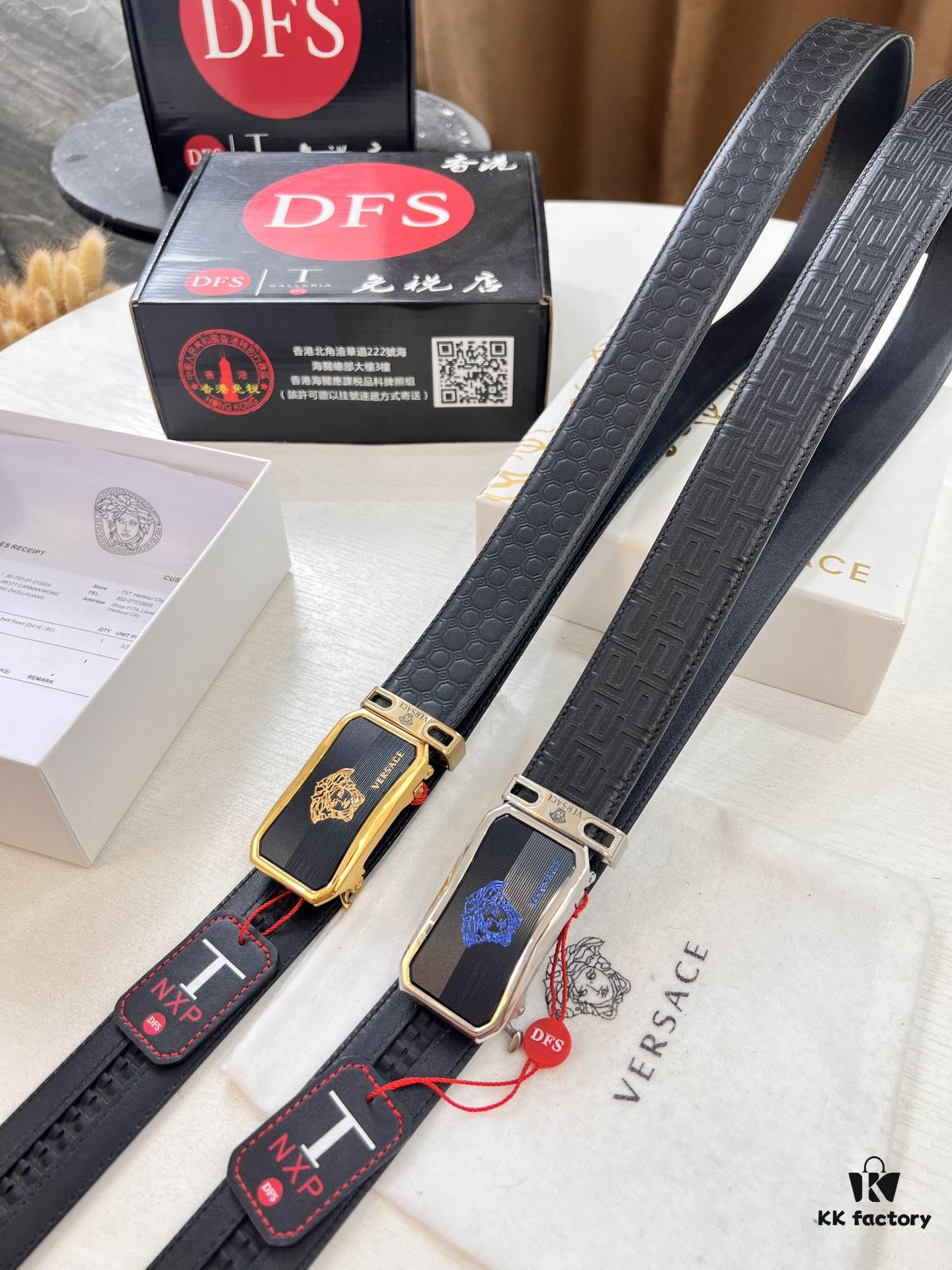 Versace Automatic Buckle Belt, Custom Embossed Top Grain Imported Leather, Fine Calfskin with Automatic Slide Rail, 3.5 cm Width