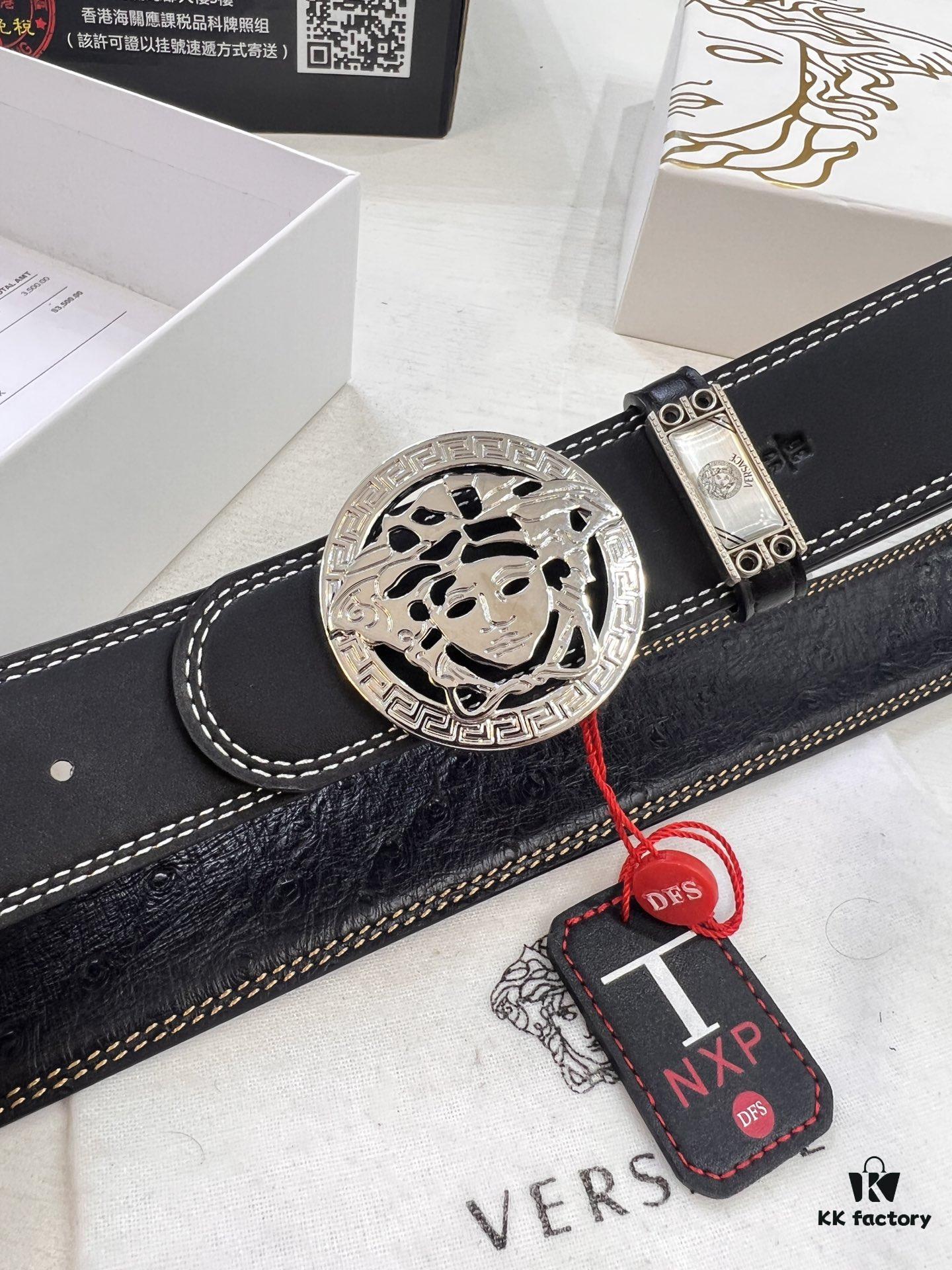 Versace Belt 2023 New Arrival Genuine Ostrich Grain Full-Grain Leather Fashion Belt with Double-Sided Wear Soft Leather 3.8cm Width Premium Steel Hardware