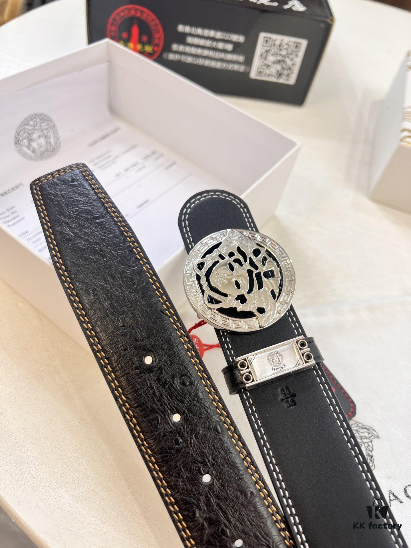 Versace Belt 2023 New Arrival Genuine Ostrich Grain Full-Grain Leather Fashion Belt with Double-Sided Wear Soft Leather 3.8cm Width Premium Steel Hardware