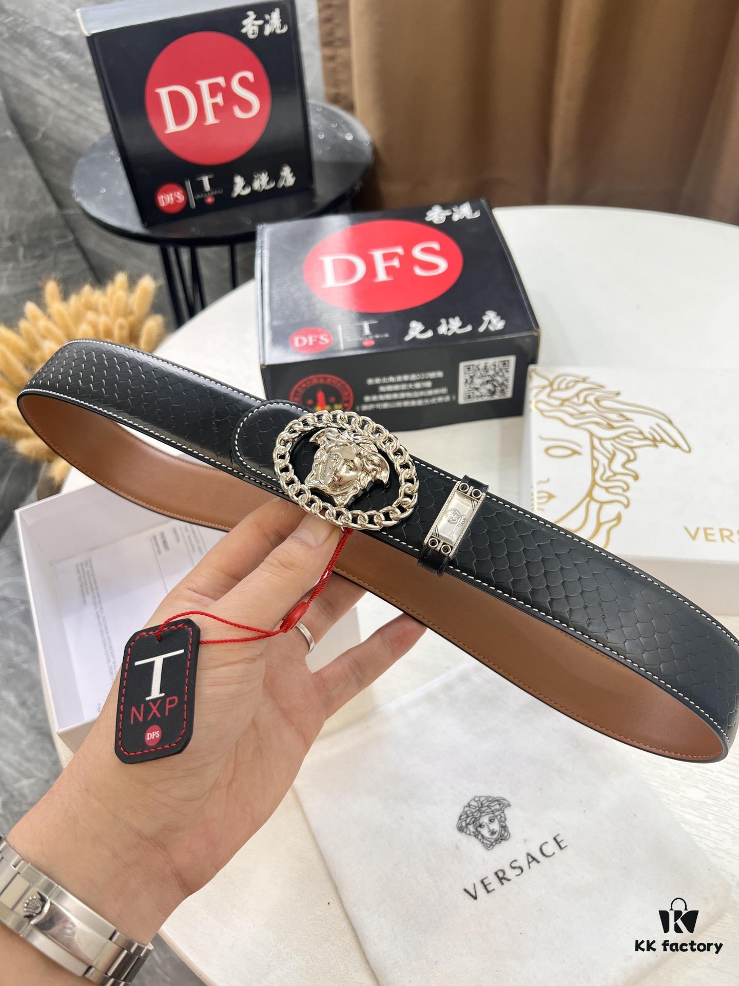 Versace New Arrival Belt, Top-Quality Genuine Leather with Medusa Head Embossing, Double-Sided Wearable Fashion Design, 3.8cm Width, Stainless Steel Hardware