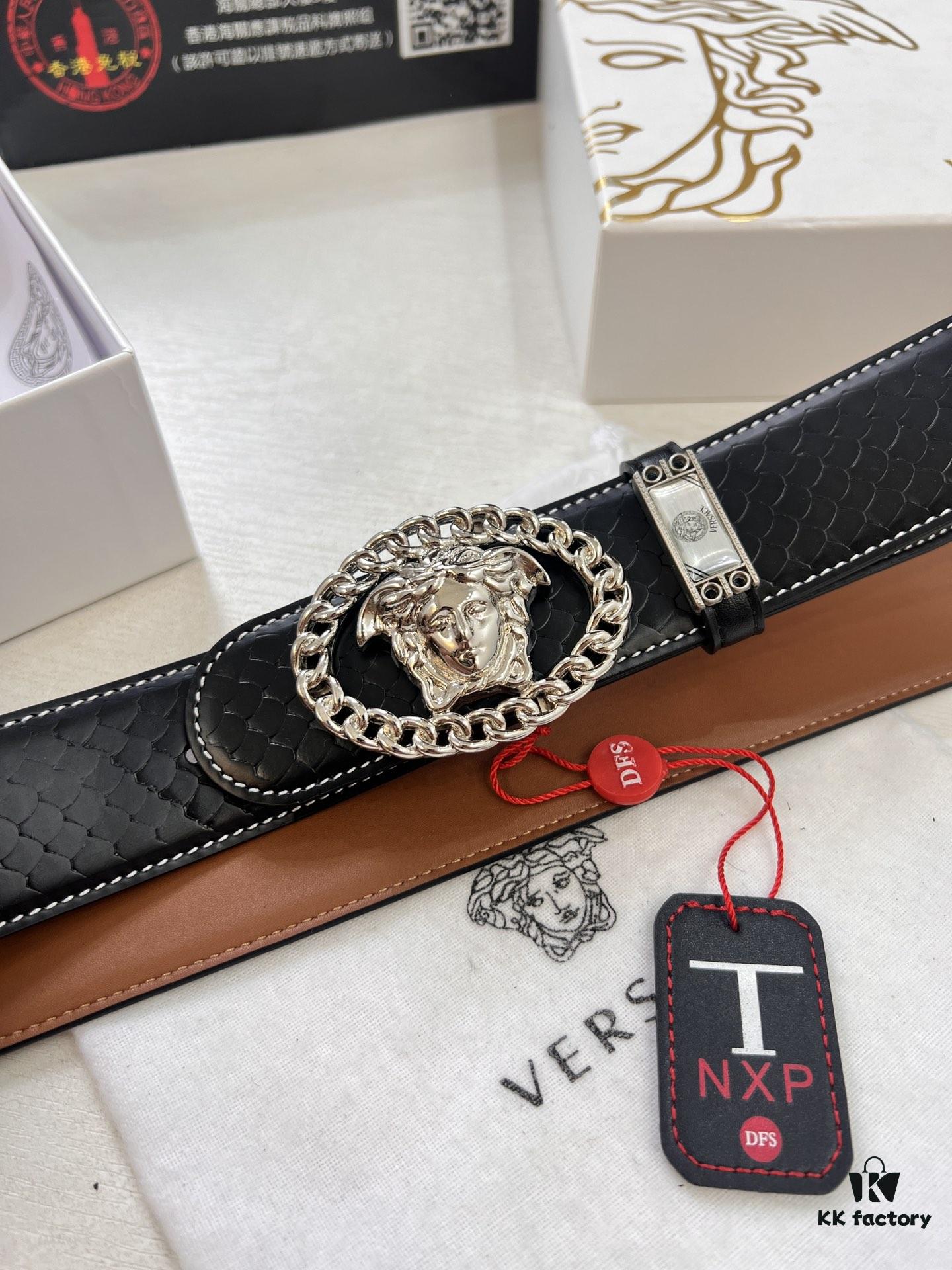 Versace New Arrival Belt, Top-Quality Genuine Leather with Medusa Head Embossing, Double-Sided Wearable Fashion Design, 3.8cm Width, Stainless Steel Hardware