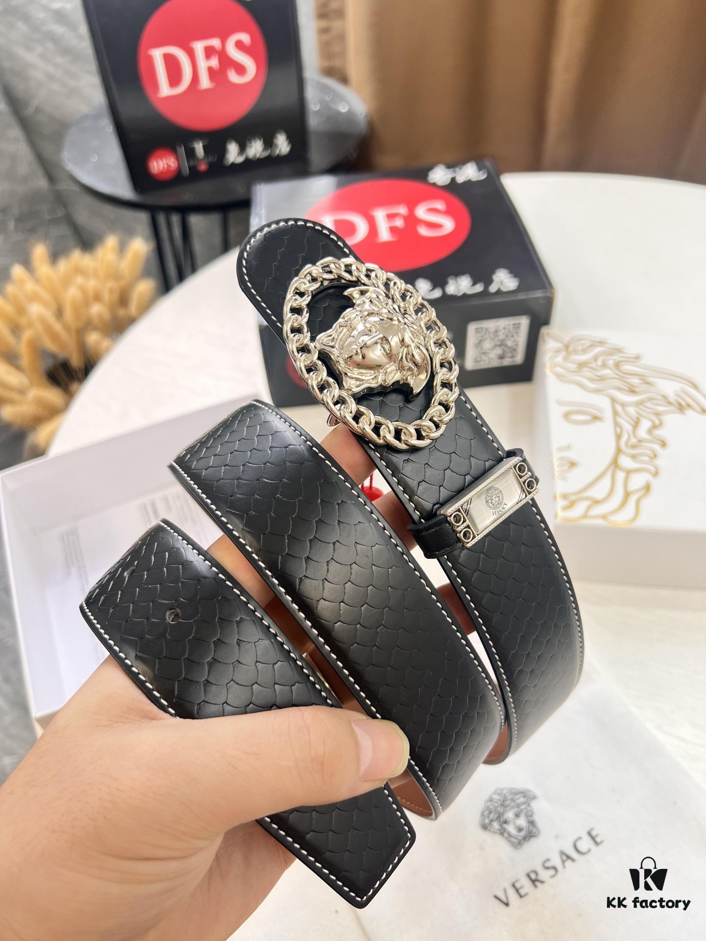 Versace New Arrival Belt, Top-Quality Genuine Leather with Medusa Head Embossing, Double-Sided Wearable Fashion Design, 3.8cm Width, Stainless Steel Hardware