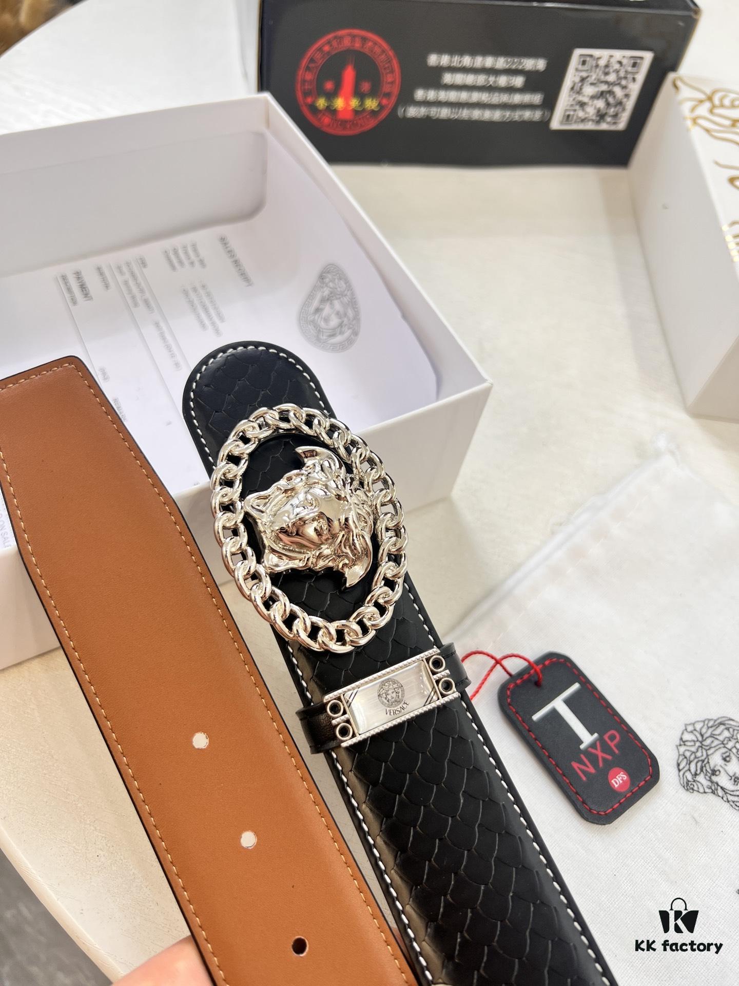 Versace New Arrival Belt, Top-Quality Genuine Leather with Medusa Head Embossing, Double-Sided Wearable Fashion Design, 3.8cm Width, Stainless Steel Hardware