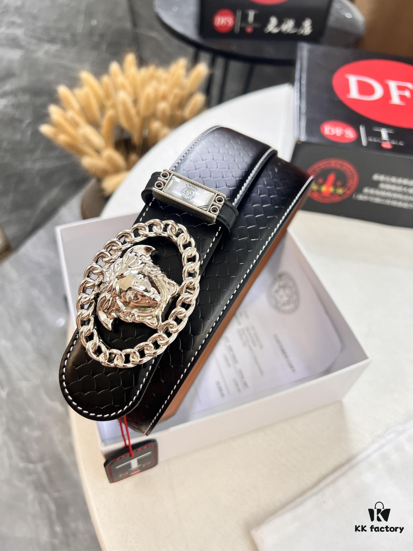 Versace New Arrival Belt, Top-Quality Genuine Leather with Medusa Head Embossing, Double-Sided Wearable Fashion Design, 3.8cm Width, Stainless Steel Hardware