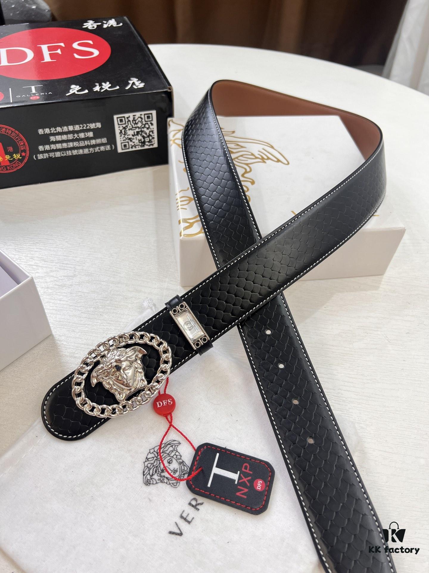 Versace New Arrival Belt, Top-Quality Genuine Leather with Medusa Head Embossing, Double-Sided Wearable Fashion Design, 3.8cm Width, Stainless Steel Hardware