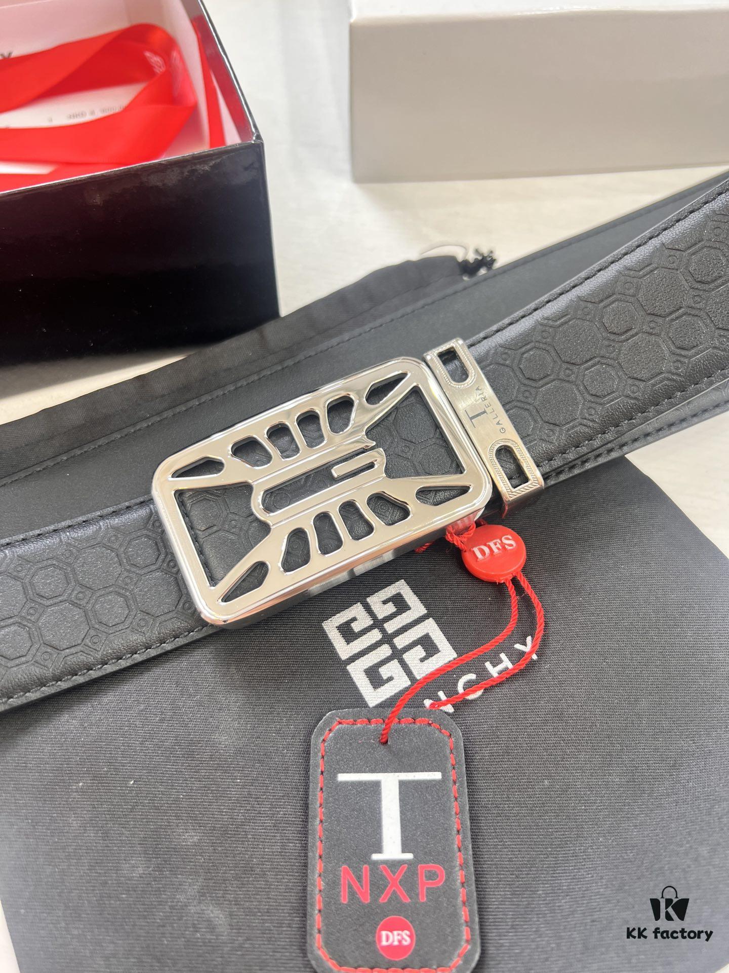Givenchy Men's Genuine Cowhide Leather Belt - Premium Fashion Design, 3.8cm Width, German Imported Top-Grain Calfskin with Embossed Logo Pattern, Hong Kong Duty-Free Exclusive Gift Box Edition