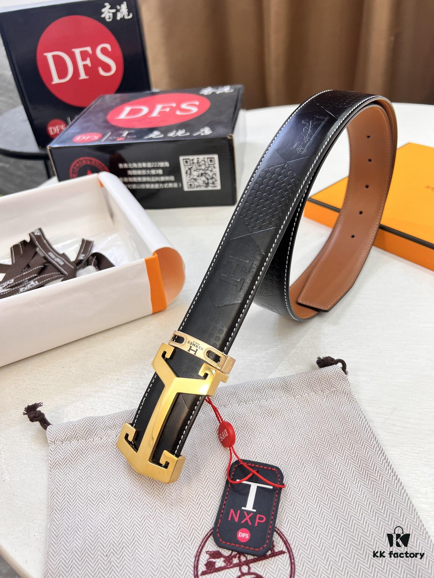 Hermès Men's Belt, Top Grain Calfskin with Engraved Metal Buckle, 3.8cm Width, Custom Length