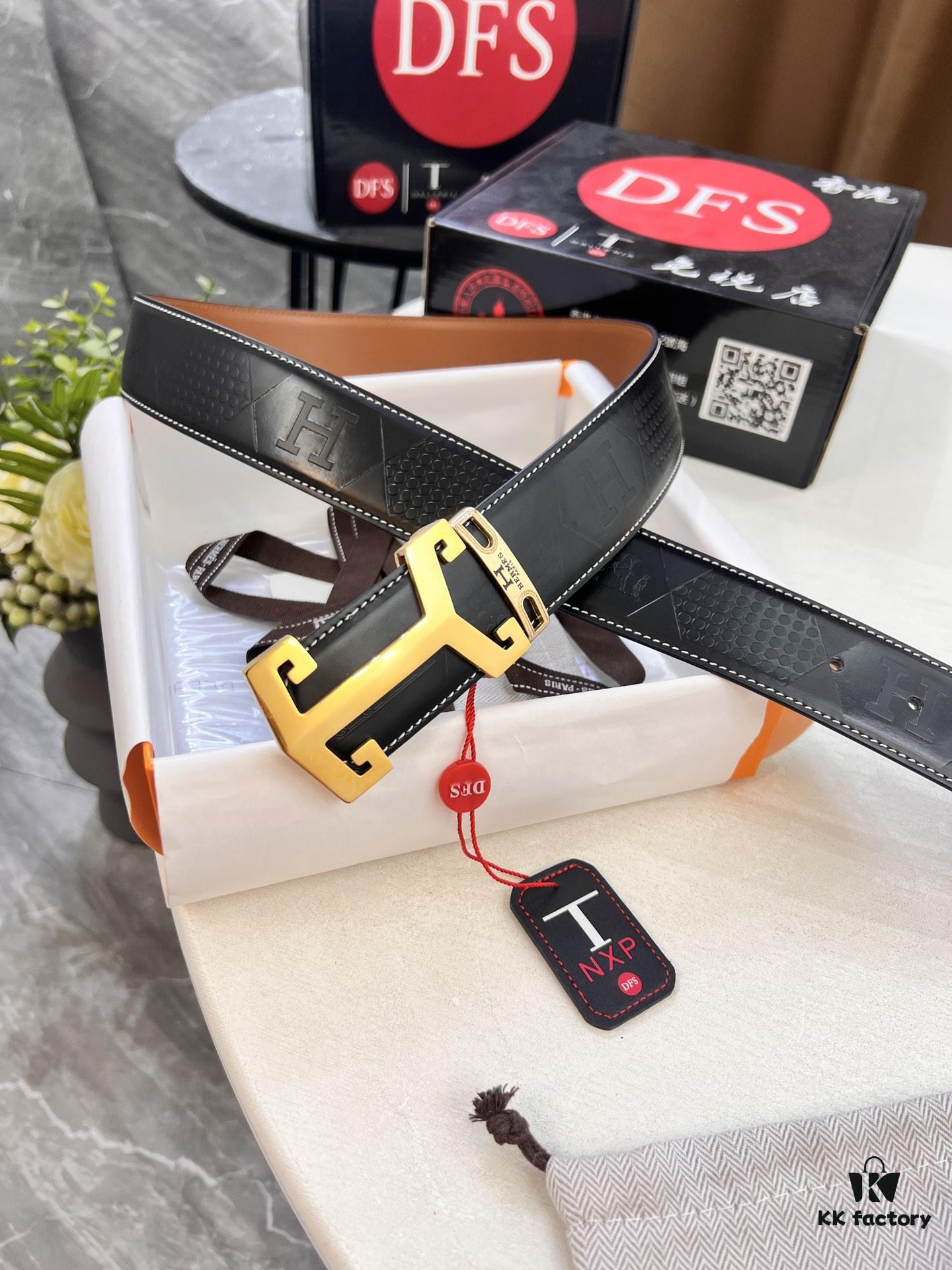 Hermès Men's Belt, Top Grain Calfskin with Engraved Metal Buckle, 3.8cm Width, Custom Length