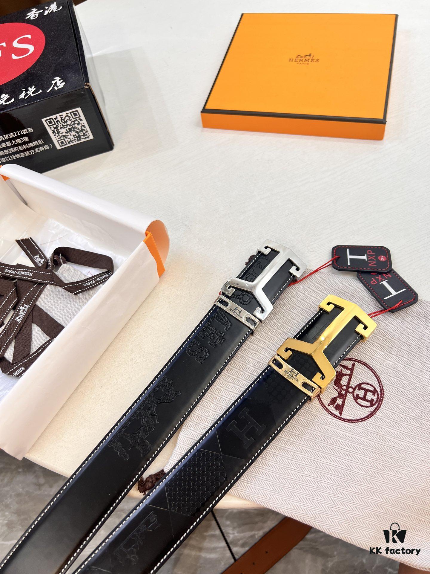 Hermès Men's Belt, Top Grain Calfskin with Engraved Metal Buckle, 3.8cm Width, Custom Length