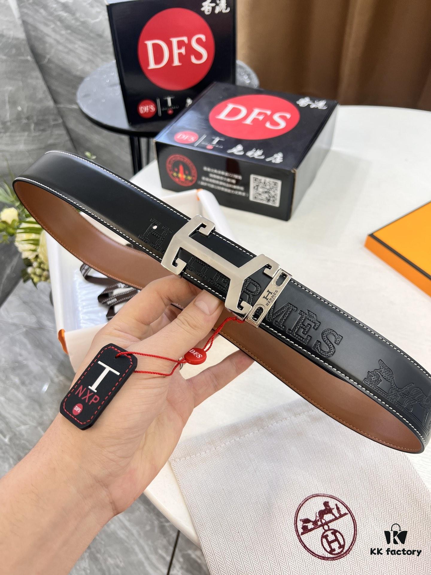 Hermès Men's Belt, Top Grain Cowhide with Engraved Buckle, 3.8cm Width, Adjustable Length, Original Imported Embossed Horse Head Design, Ideal Gift