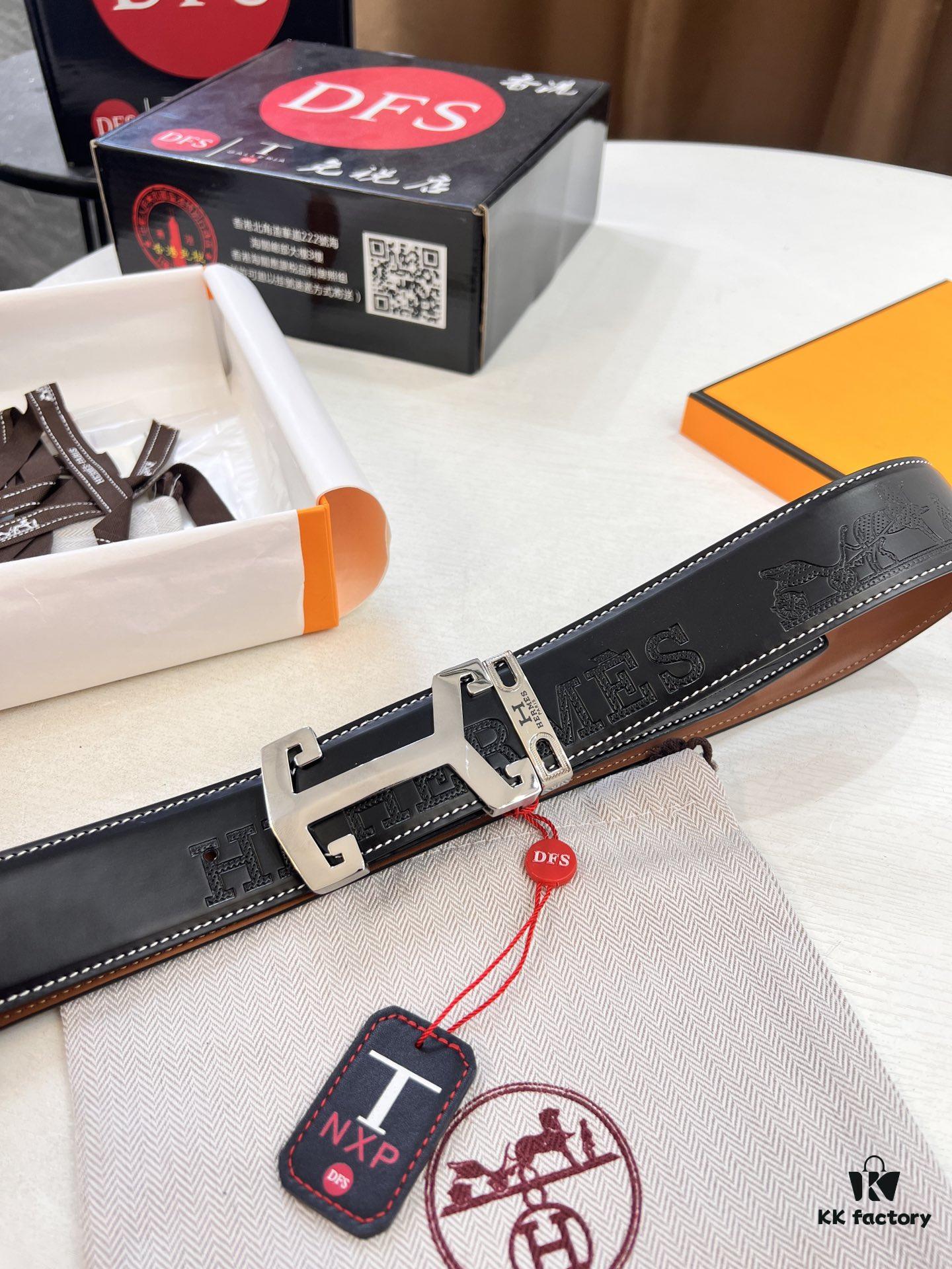 Hermès Men's Belt, Top Grain Cowhide with Engraved Buckle, 3.8cm Width, Adjustable Length, Original Imported Embossed Horse Head Design, Ideal Gift