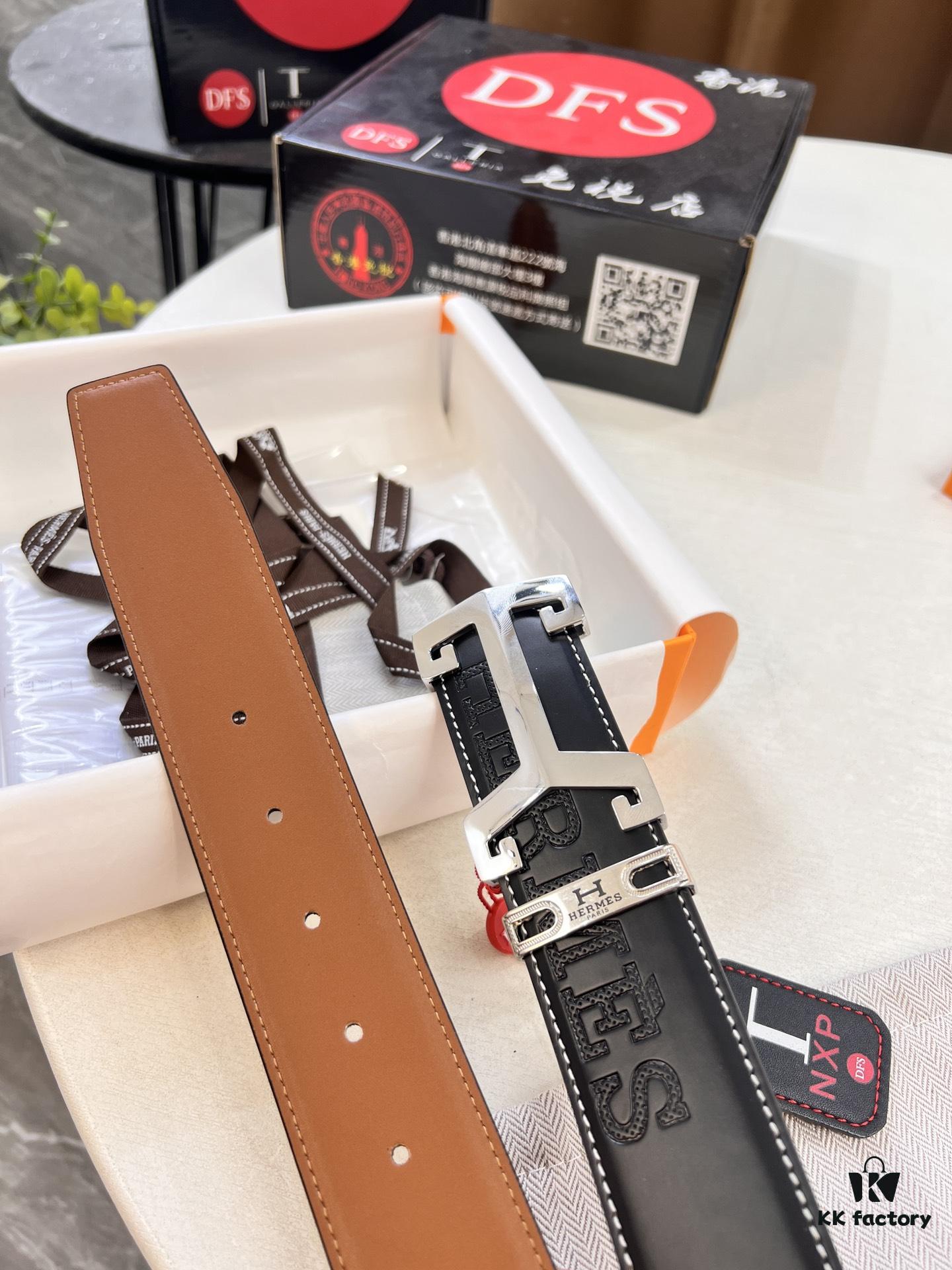 Hermès Men's Belt, Top Grain Cowhide with Engraved Buckle, 3.8cm Width, Adjustable Length, Original Imported Embossed Horse Head Design, Ideal Gift