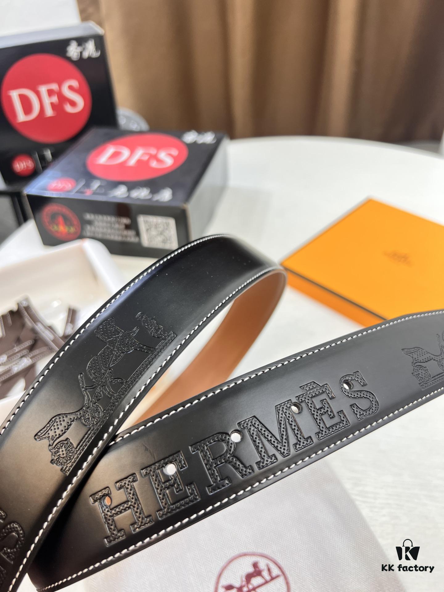 Hermès Men's Belt, Top Grain Cowhide with Engraved Buckle, 3.8cm Width, Adjustable Length, Original Imported Embossed Horse Head Design, Ideal Gift