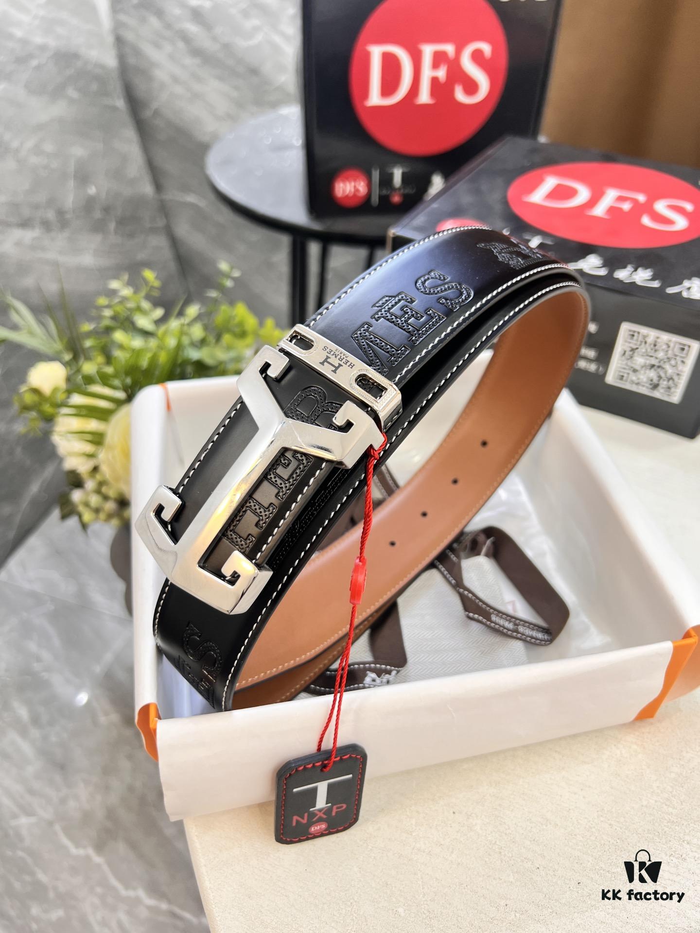 Hermès Men's Belt, Top Grain Cowhide with Engraved Buckle, 3.8cm Width, Adjustable Length, Original Imported Embossed Horse Head Design, Ideal Gift