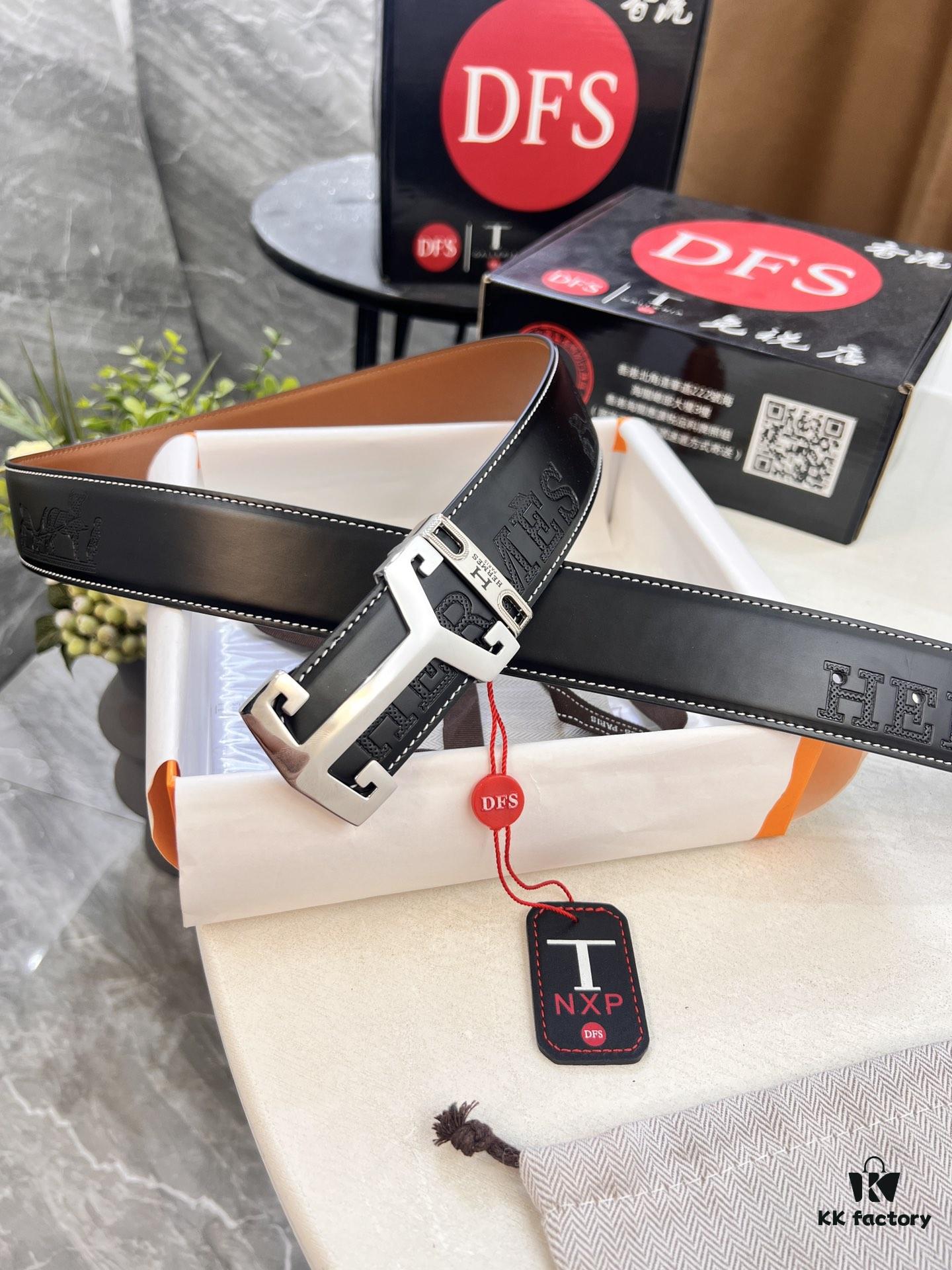 Hermès Men's Belt, Top Grain Cowhide with Engraved Buckle, 3.8cm Width, Adjustable Length, Original Imported Embossed Horse Head Design, Ideal Gift