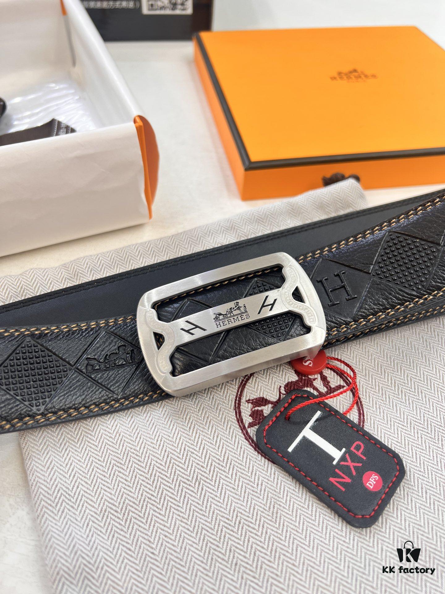 Hermès H Belt, 2023 New Arrival, Stainless Steel H Internal Buckle, Embossed Top Grain Cowhide Leather, 3.8cm Width, Premium Quality